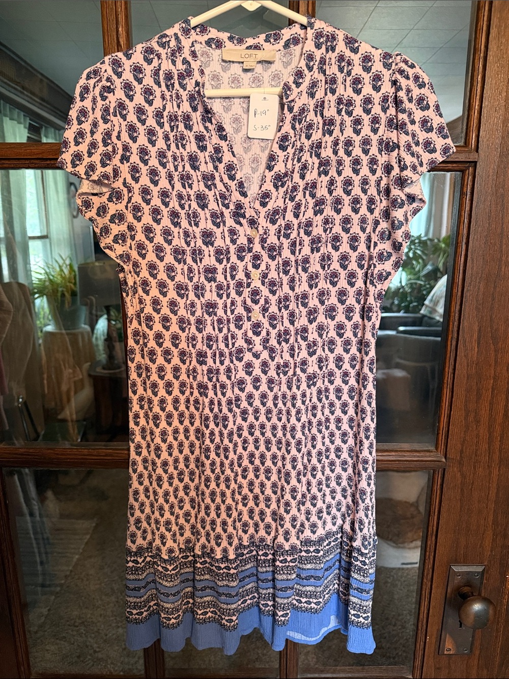 LOFT Pink and Navy Patterned Short Sleeve V-Neck Dress